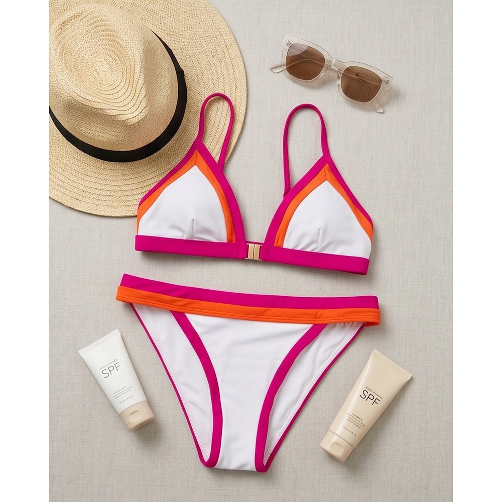 Milly Colorblock Bikini Set Pink Orange White Triangle Top‎ Gold Clasp NEW